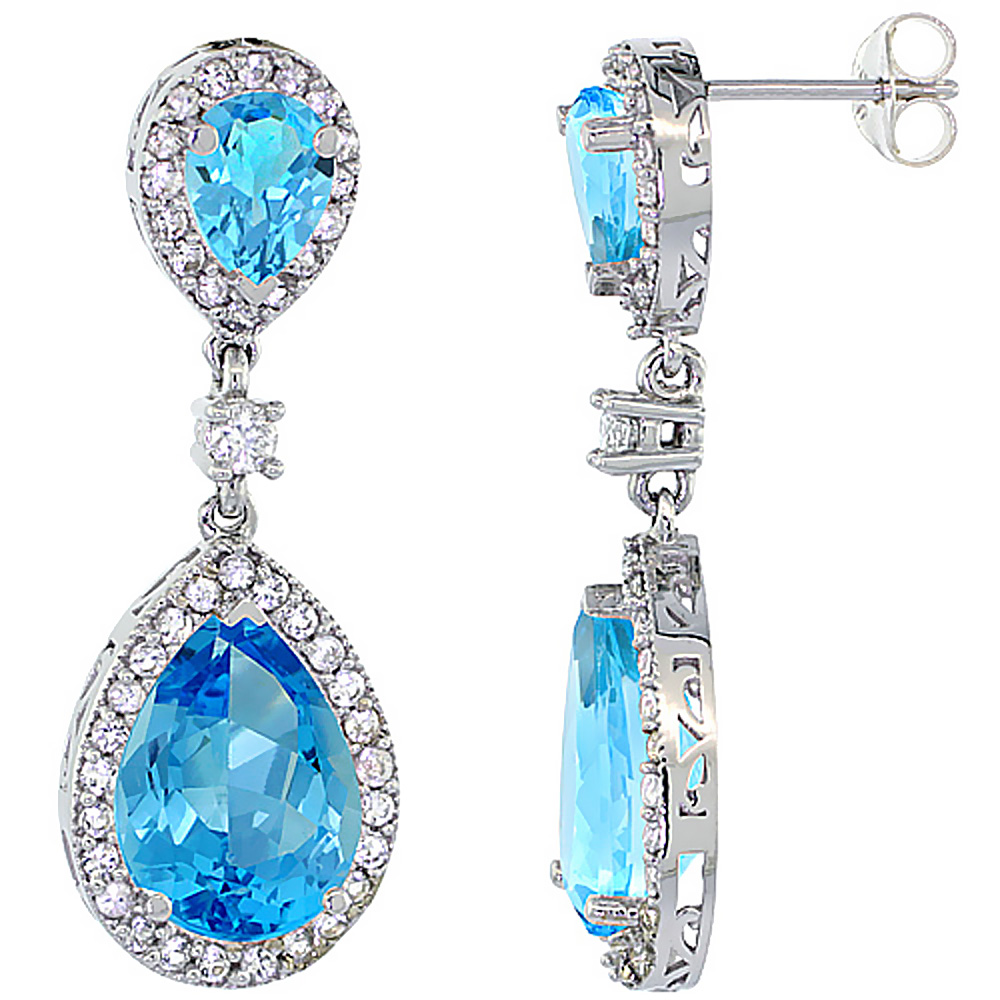 14K White Gold Natural Swiss Blue Topaz Teardrop Earrings White Sapphire &amp; Diamond