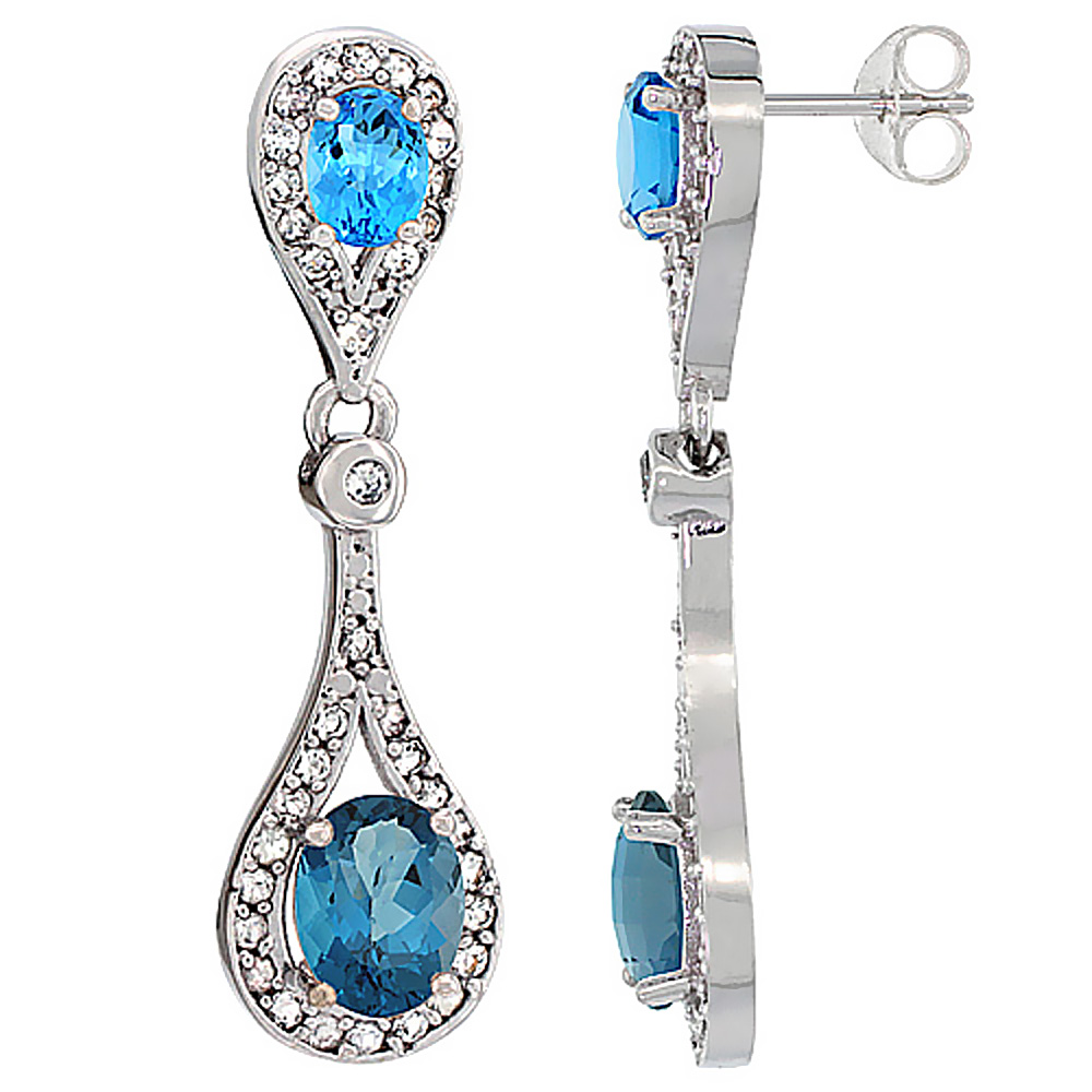 10K White Gold Natural London Blue Topaz &amp; Swiss Blue Topaz Oval Dangling Earrings White Sapphire &amp; Diamond Accents, 1 3/8 inches long