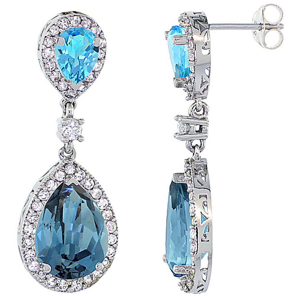 10K White Gold Natural London Blue Topaz &amp; Swiss Blue Topaz Teardrop Earrings White Sapphire &amp; Diamond