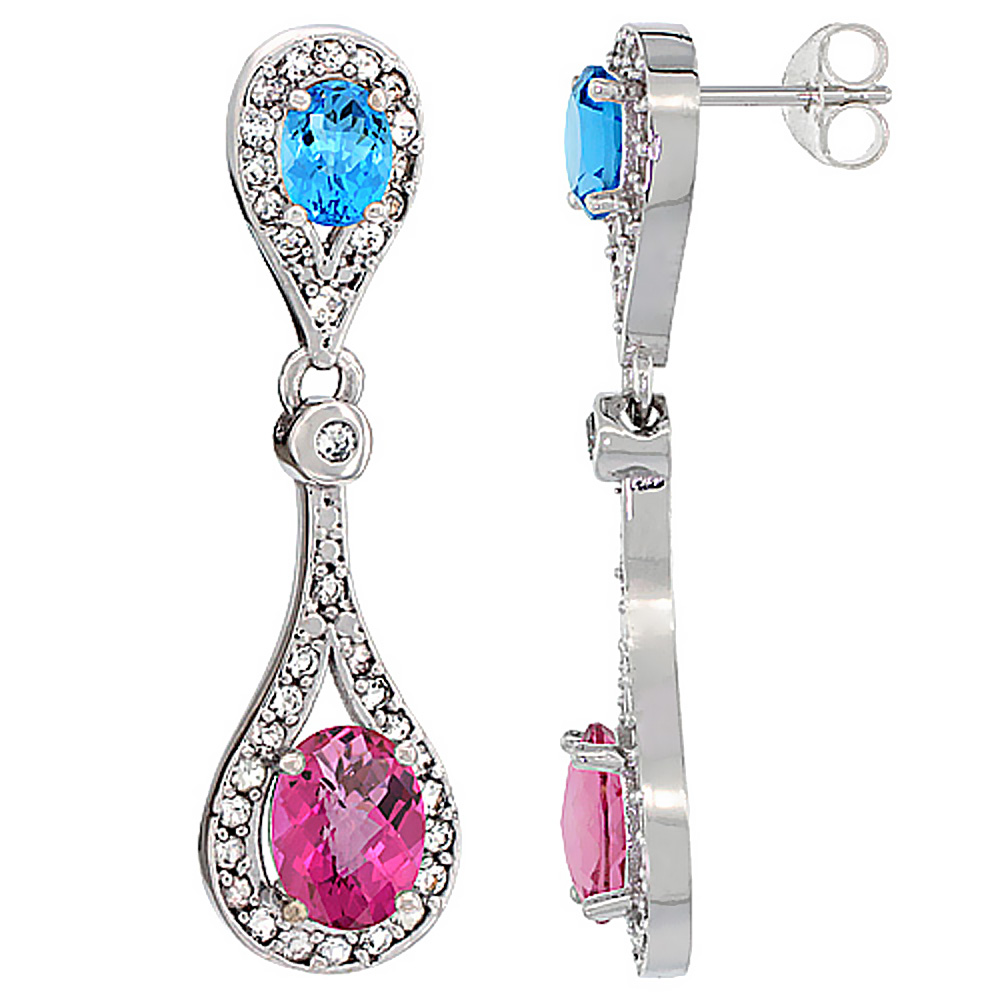 14K WHITE GOLD NATURAL PINK TOPAZ & SWISS BLUE TOPAZ OVAL DANGLING EARRINGS WHITE SAPPHIRE & DIAMOND ACCENTS, 1 3/8 INCHES LONG