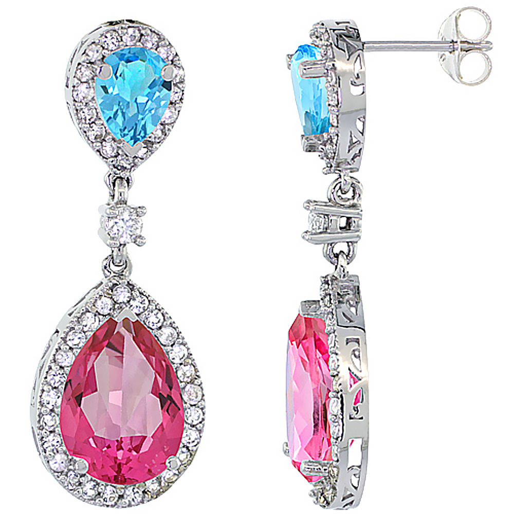 14K White Gold Natural Pink &amp; Swiss Blue Topazes Teardrop Earrings White Sapphire &amp; Diamond