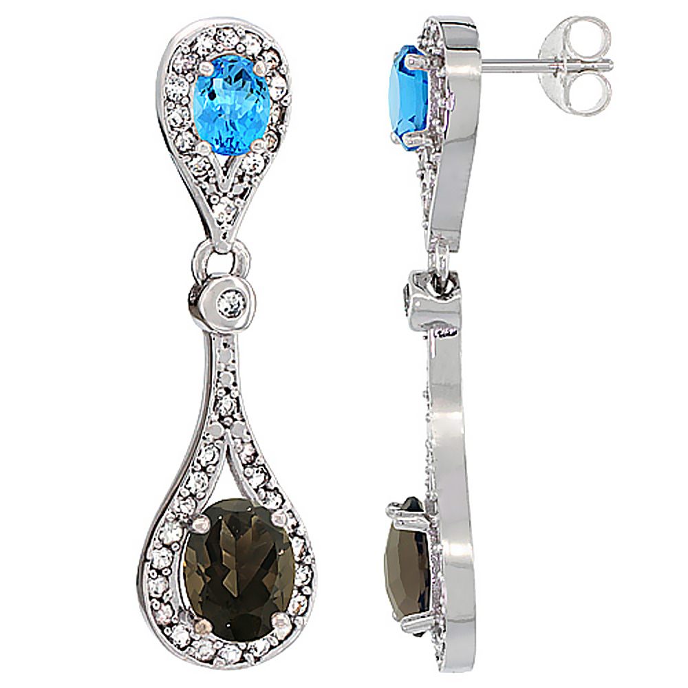14K WHITE GOLD NATURAL SMOKY TOPAZ & SWISS BLUE TOPAZ OVAL DANGLING EARRINGS WHITE SAPPHIRE & DIAMOND ACCENTS, 1 3/8 INCHES LONG