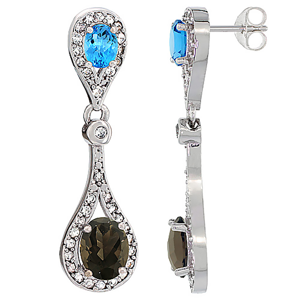 14K White Gold Natural Smoky Topaz & Swiss Blue Topaz Oval Dangling Earrings White Sapphire & Diamond Accents, 1 3/8 inches long