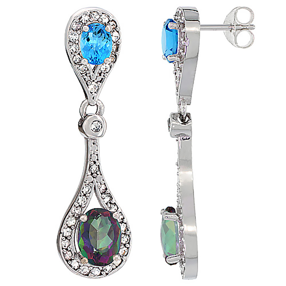 14K WHITE GOLD NATURAL MYSTIC TOPAZ & SWISS BLUE TOPAZ OVAL DANGLING EARRINGS WHITE SAPPHIRE & DIAMOND ACCENTS, 1 3/8 INCHES LONG