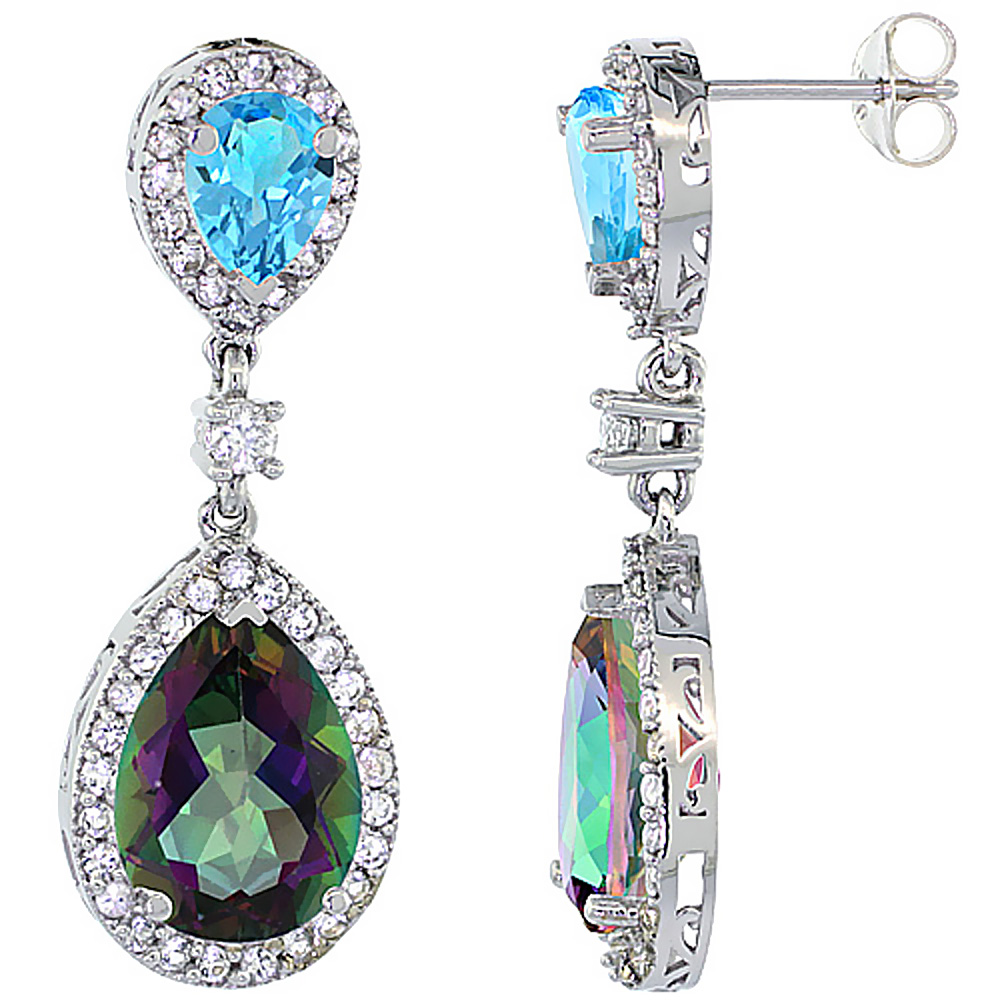 14K WHITE GOLD NATURAL MYSTIC & SWISS BLUE TOPAZES TEARDROP EARRINGS WHITE SAPPHIRE & DIAMOND
