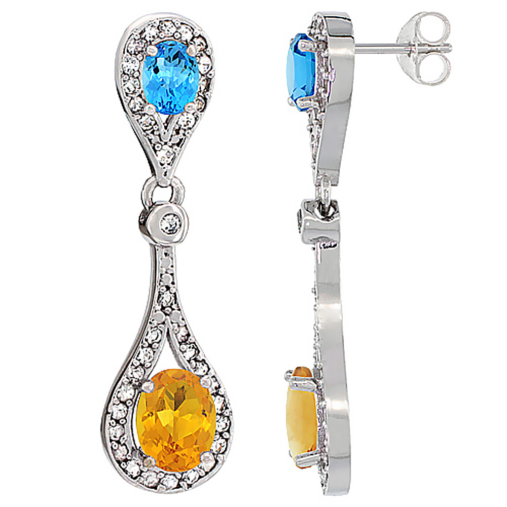 14K WHITE GOLD NATURAL CITRINE & SWISS BLUE TOPAZ OVAL DANGLING EARRINGS WHITE SAPPHIRE & DIAMOND ACCENTS, 1 3/8 INCHES LONG
