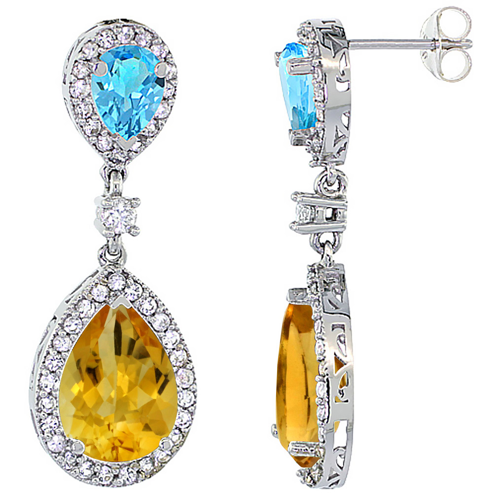 14K WHITE GOLD NATURAL CITRINE & SWISS BLUE TOPAZ TEARDROP EARRINGS WHITE SAPPHIRE & DIAMOND