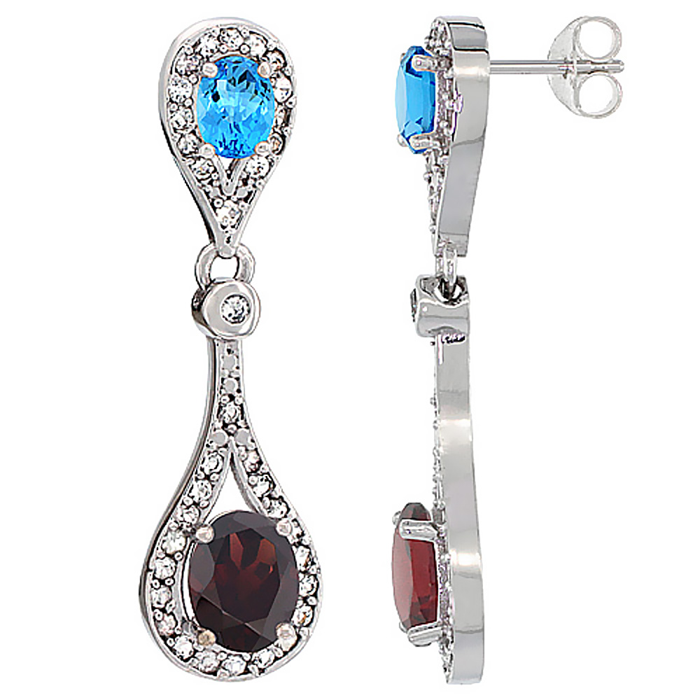 10K White Gold Natural Garnet & Swiss Blue Topaz Oval Dangling Earrings White Sapphire & Diamond Accents, 1 3/8 inches long