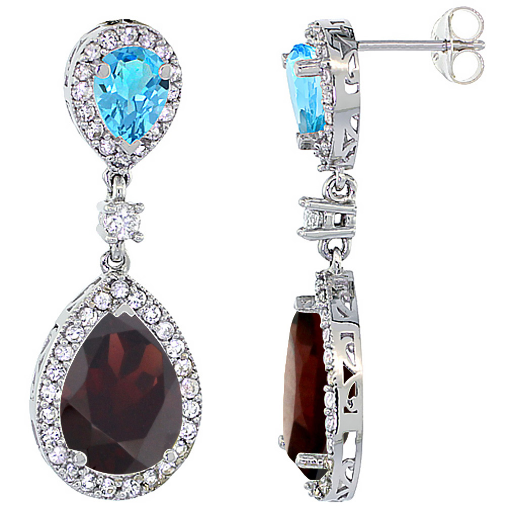 14K WHITE GOLD NATURAL GARNET & SWISS BLUE TOPAZ TEARDROP EARRINGS WHITE SAPPHIRE & DIAMOND