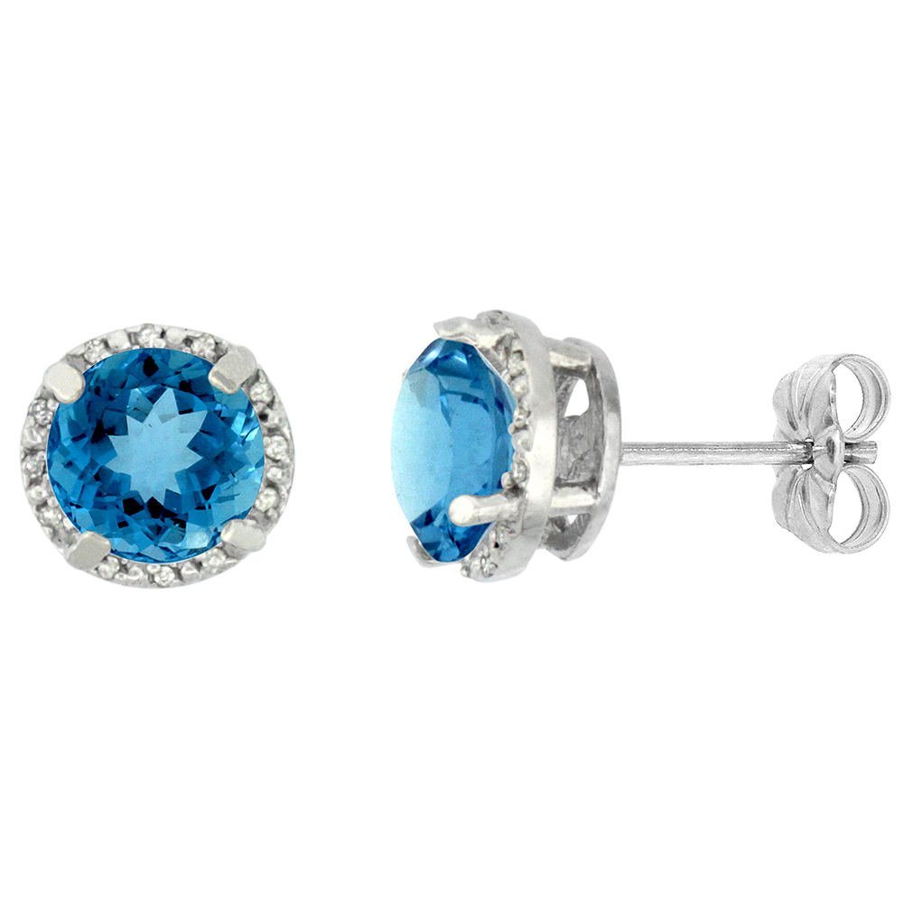 10K WHITE GOLD 0.06 CTTW DIAMOND NATURAL SWISS BLUE TOPAZ EARRINGS ROUND 7X7 MM