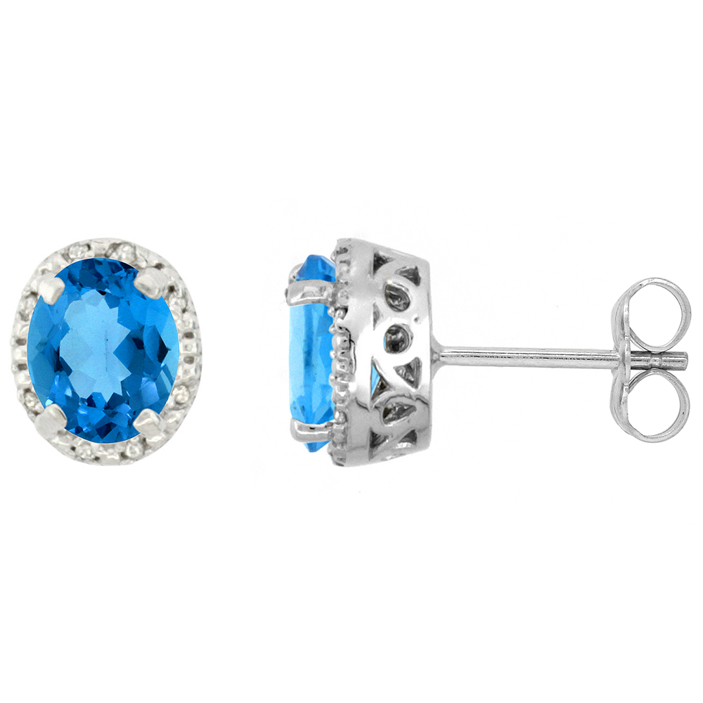 10K White Gold Diamond Halo Natural Swiss Blue Topaz Stud Earrings Oval 7x5 mm