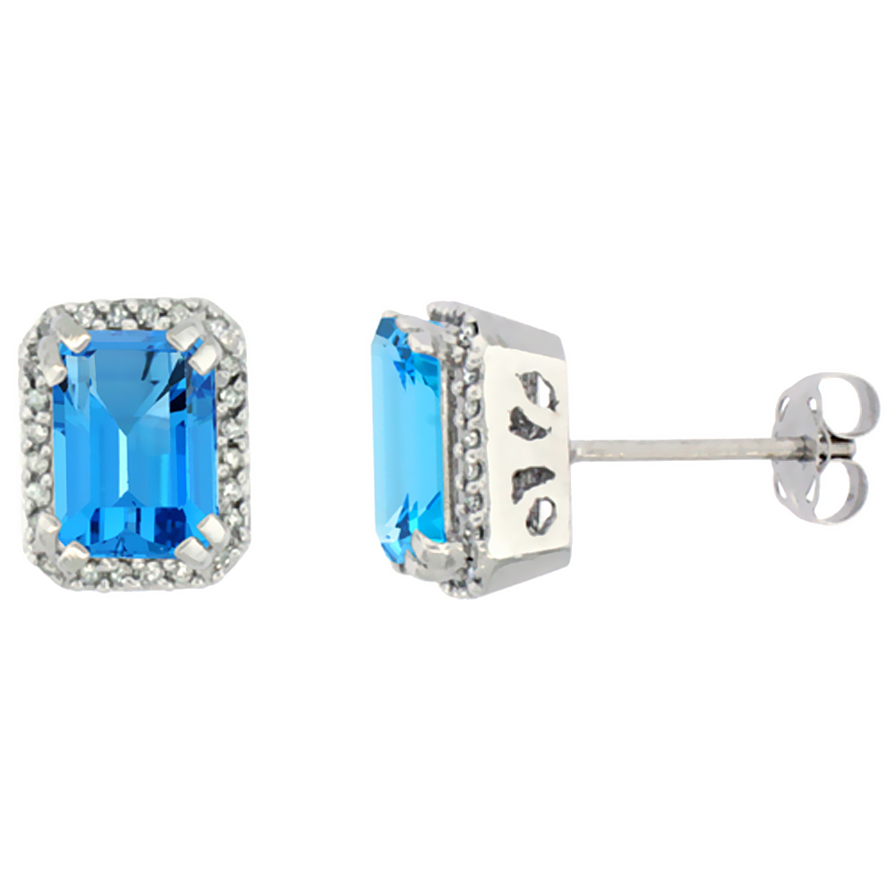 10K WHITE GOLD DIAMOND NATURAL SWISS BLUE TOPAZ EARRINGS OCTAGON 7X5 MM