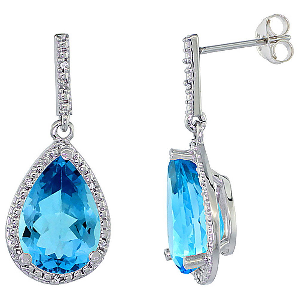 10K White Gold Diamond Halo Natural Swiss Blue Topaz Dangle Earrings Pear Shaped 12x8 mm