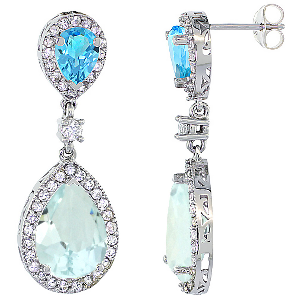 14K WHITE GOLD NATURAL AQUAMARINE & SWISS BLUE TOPAZ TEARDROP EARRINGS WHITE SAPPHIRE & DIAMOND