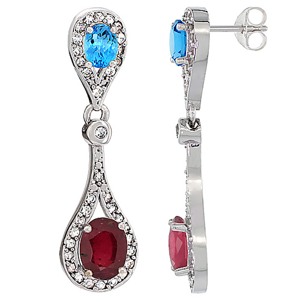 10K White Gold Enhanced Ruby &amp; Swiss Blue Topaz Oval Dangling Earrings White Sapphire &amp; Diamond Accents, 1 3/8 inches long