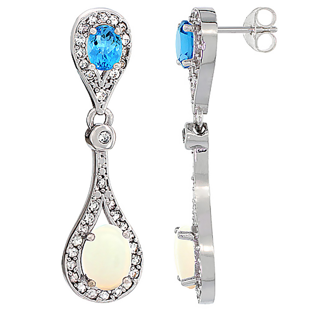 14K WHITE GOLD NATURAL OPAL & SWISS BLUE TOPAZ OVAL DANGLING EARRINGS WHITE SAPPHIRE & DIAMOND ACCENTS, 1 3/8 INCHES LONG