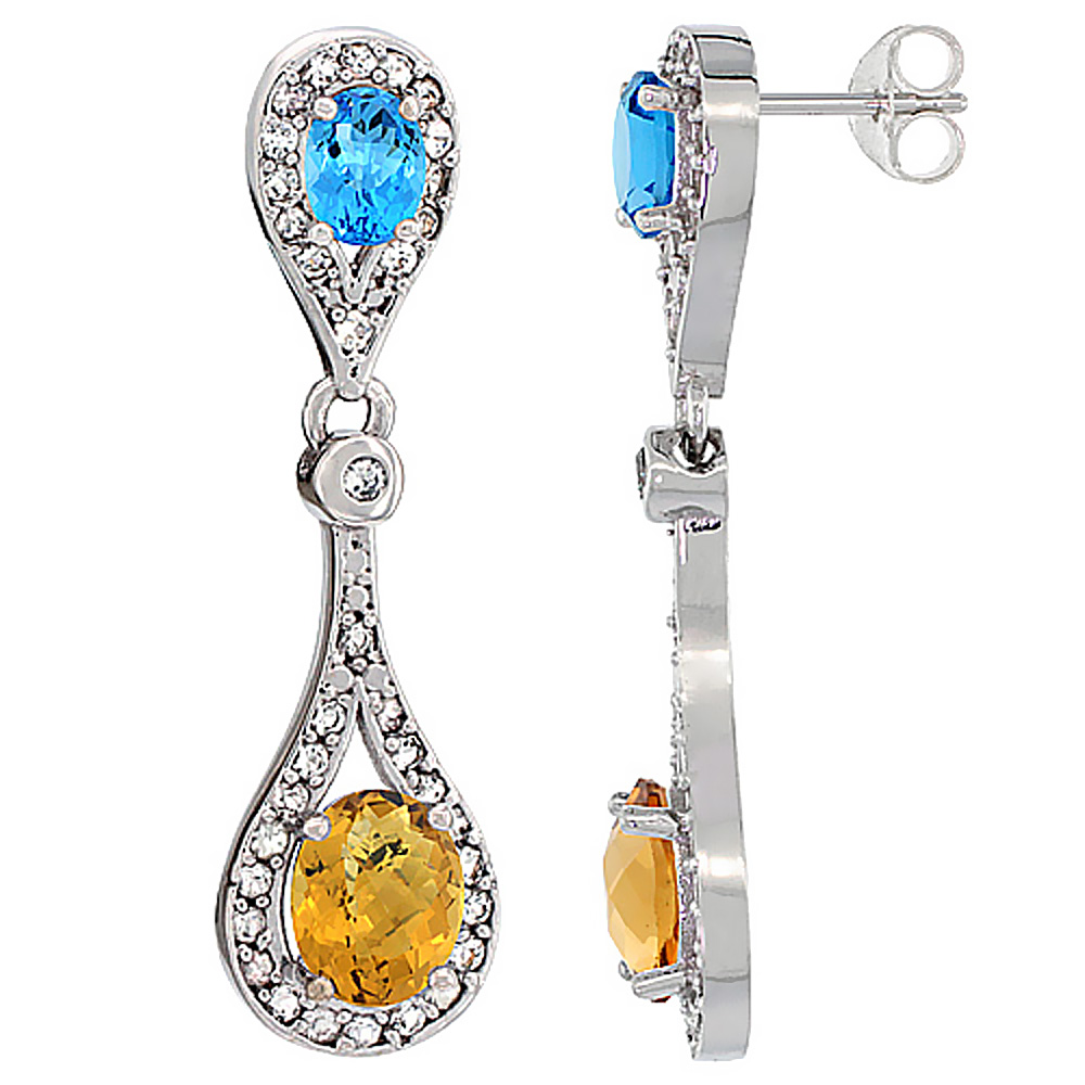 14K WHITE GOLD NATURAL WHISKY QUARTZ & SWISS BLUE TOPAZ OVAL DANGLING EARRINGS WHITE SAPPHIRE & DIAMOND ACCENTS, 1 3/8 INCHES LONG