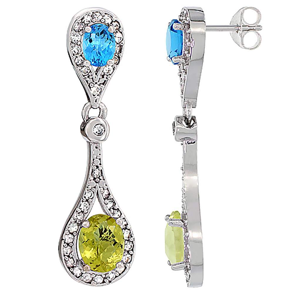 14K WHITE GOLD NATURAL LEMON QUARTZ & SWISS BLUE TOPAZ OVAL DANGLING EARRINGS WHITE SAPPHIRE & DIAMOND ACCENTS, 1 3/8 INCHES LONG