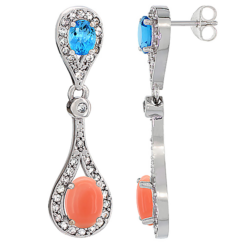 14K White Gold Natural Coral &amp; Swiss Blue Topaz Oval Dangling Earrings White Sapphire &amp; Diamond Accents, 1 3/8 inches long