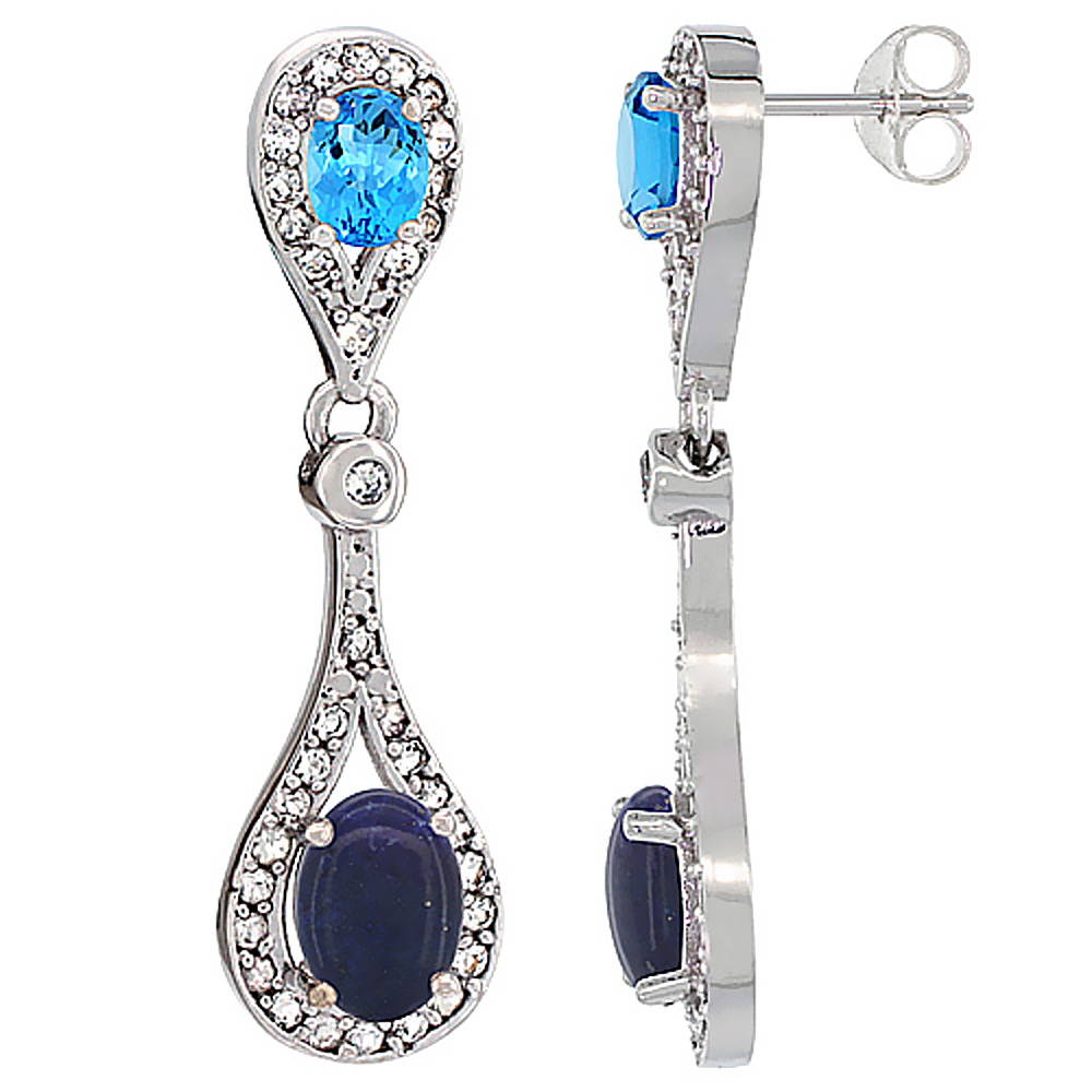 14K White Gold Natural Lapis &amp; Swiss Blue Topaz Oval Dangling Earrings White Sapphire &amp; Diamond Accents, 1 3/8 inches long