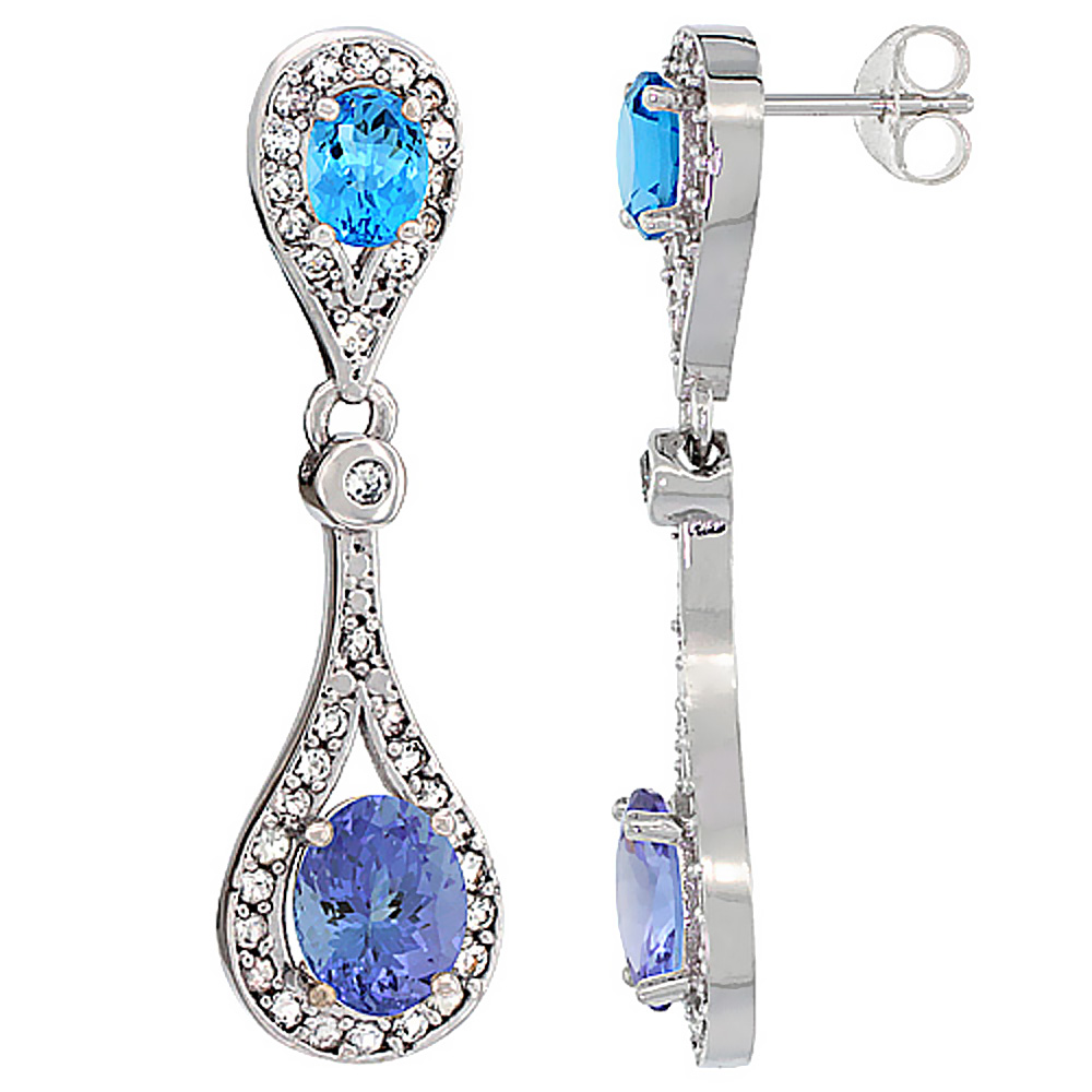 14K WHITE GOLD NATURAL TANZANITE & SWISS BLUE TOPAZ OVAL DANGLING EARRINGS WHITE SAPPHIRE & DIAMOND ACCENTS, 1 3/8 INCHES LONG