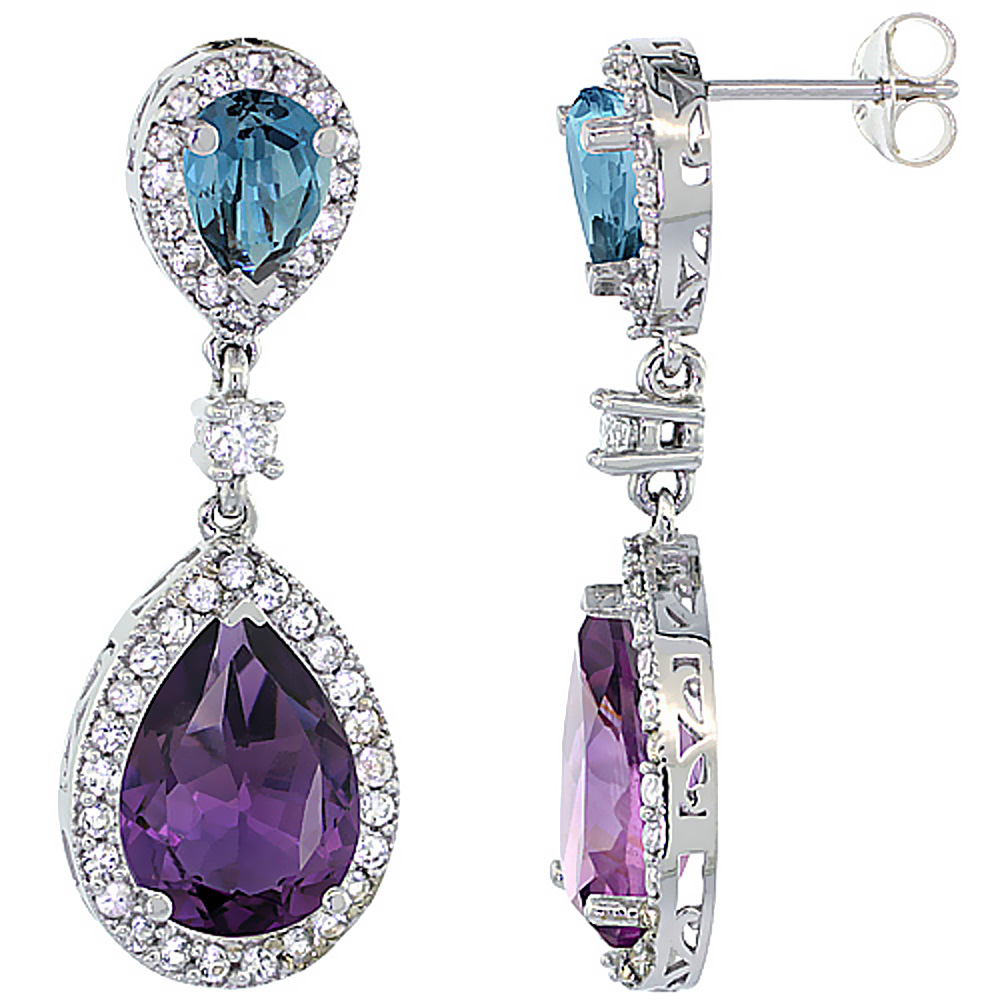 10K WHITE GOLD NATURAL AMETHYST & LONDON BLUE TOPAZ TEARDROP EARRINGS WHITE SAPPHIRE & DIAMOND