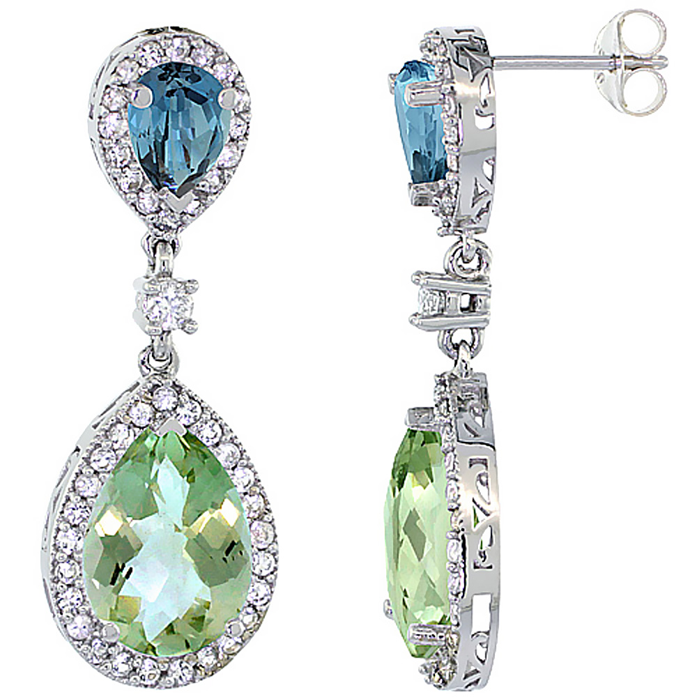 14K White Gold Natural Green Amethyst & London Blue Topaz Teardrop Earrings White Sapphire & Diamond