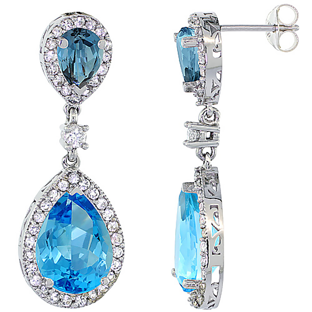 14K WHITE GOLD NATURAL SWISS BLUE & LONDON BLUE TOPAZES TEARDROP EARRINGS WHITE SAPPHIRE & DIAMOND