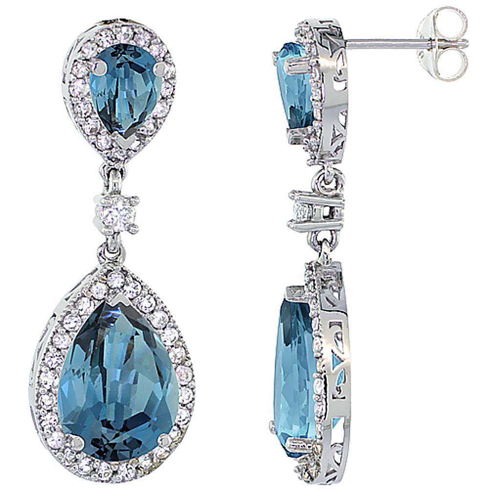 14K WHITE GOLD NATURAL LONDON BLUE TOPAZ TEARDROP EARRINGS WHITE SAPPHIRE & DIAMOND
