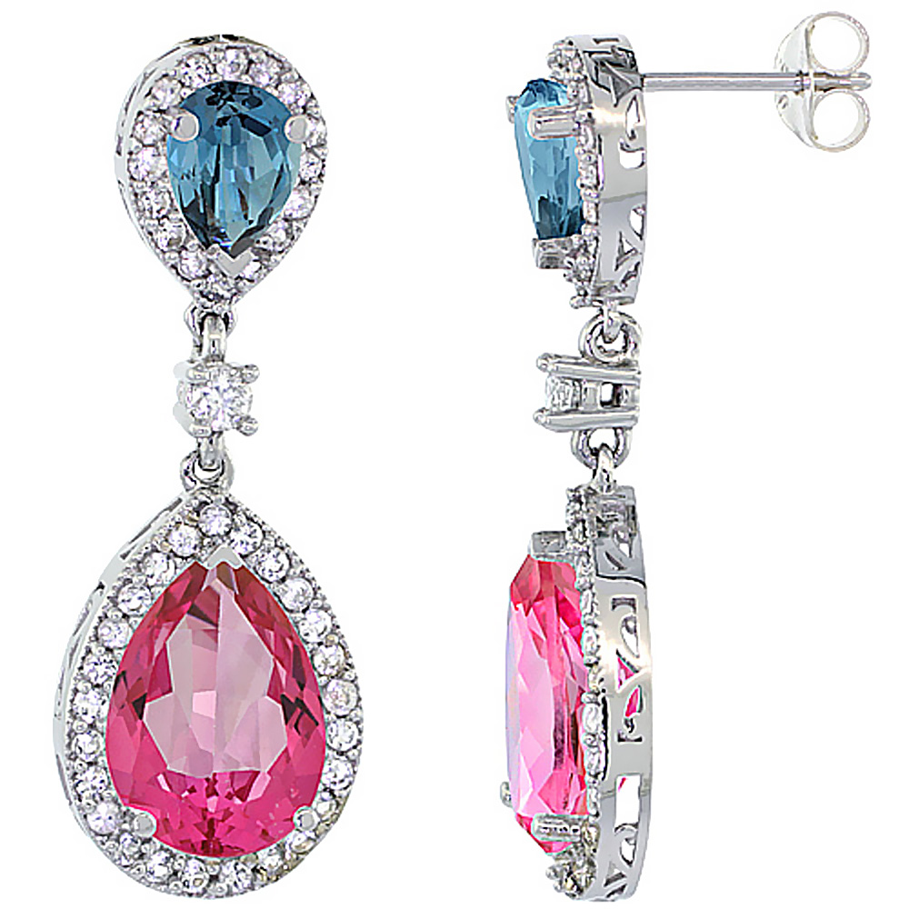 14K WHITE GOLD NATURAL PINK & LONDON BLUE TOPAZES TEARDROP EARRINGS WHITE SAPPHIRE & DIAMOND