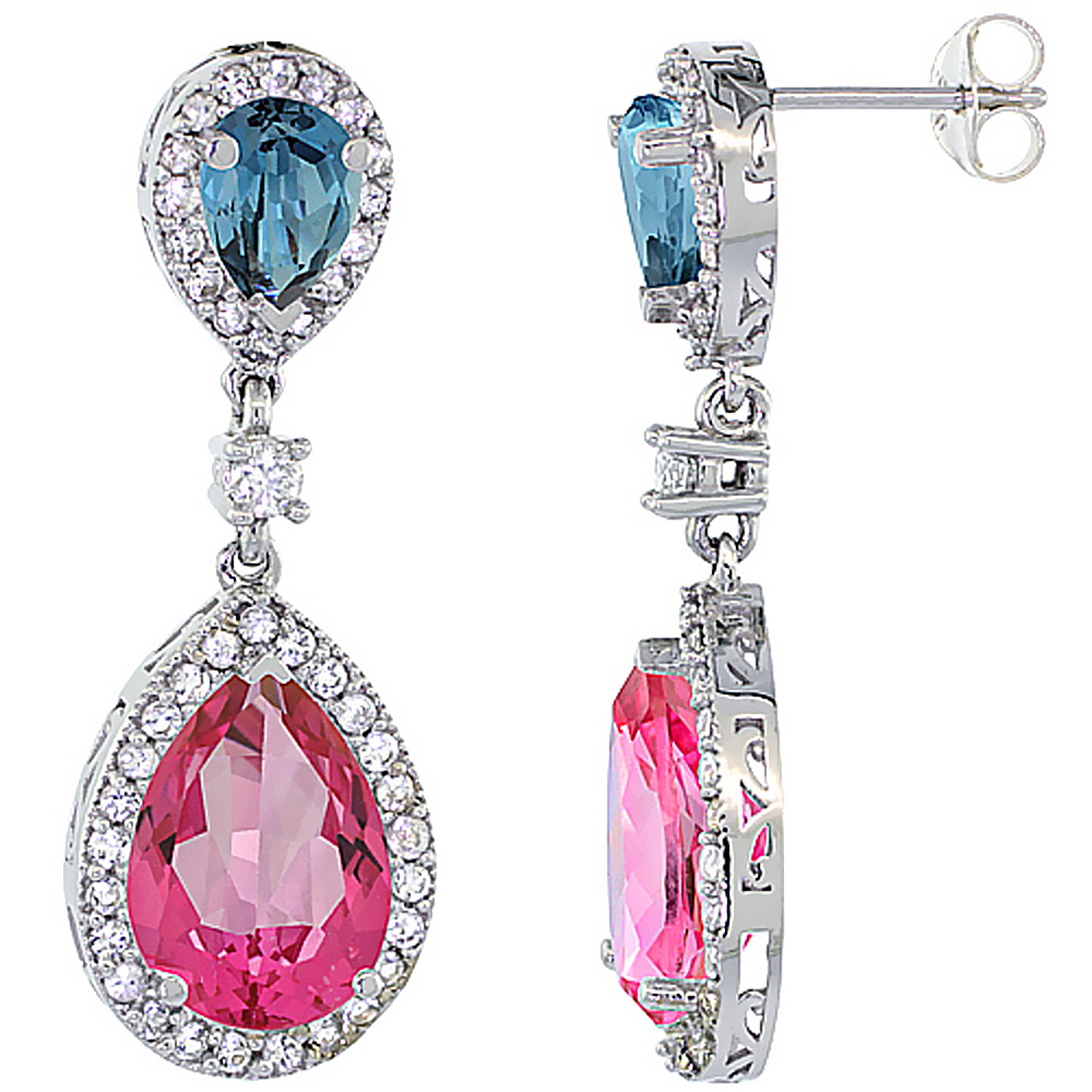 10K White Gold Natural Pink & London Blue Topazes Teardrop Earrings White Sapphire & Diamond