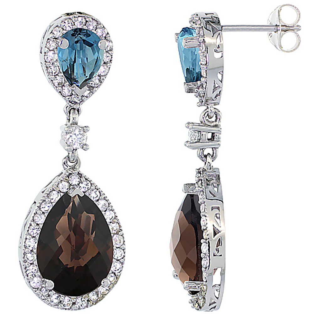 14K WHITE GOLD NATURAL SMOKY & LONDON BLUE TOPAZES TEARDROP EARRINGS WHITE SAPPHIRE & DIAMOND