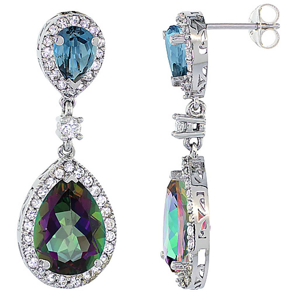 14K WHITE GOLD NATURAL MYSTIC & LONDON BLUE TOPAZES TEARDROP EARRINGS WHITE SAPPHIRE & DIAMOND