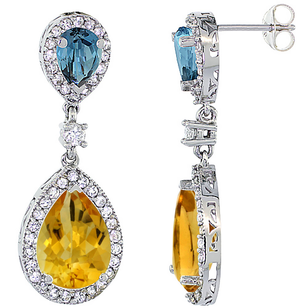 10K White Gold Natural Citrine & London Blue Topaz Teardrop Earrings White Sapphire & Diamond