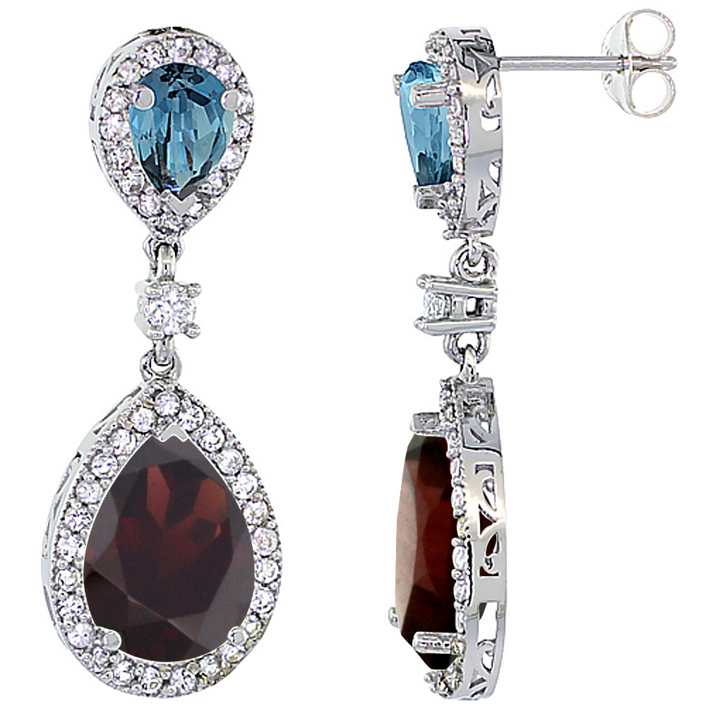 14K WHITE GOLD NATURAL GARNET & LONDON BLUE TOPAZ TEARDROP EARRINGS WHITE SAPPHIRE & DIAMOND
