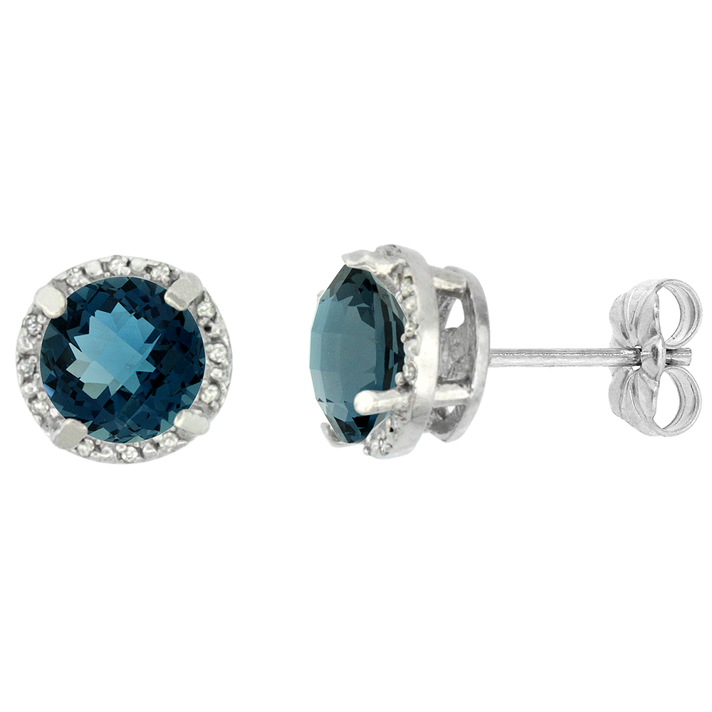 10K WHITE GOLD 0.06 CTTW DIAMOND NATURAL LONDON BLUE TOPAZ EARRINGS ROUND 7X7 MM