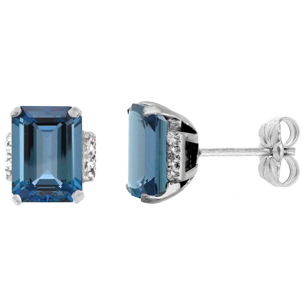 10K WHITE GOLD 0.02 CTTW DIAMOND NATURAL LONDON BLUE TOPAZ EARRINGS OCTAGON 8X6 MM