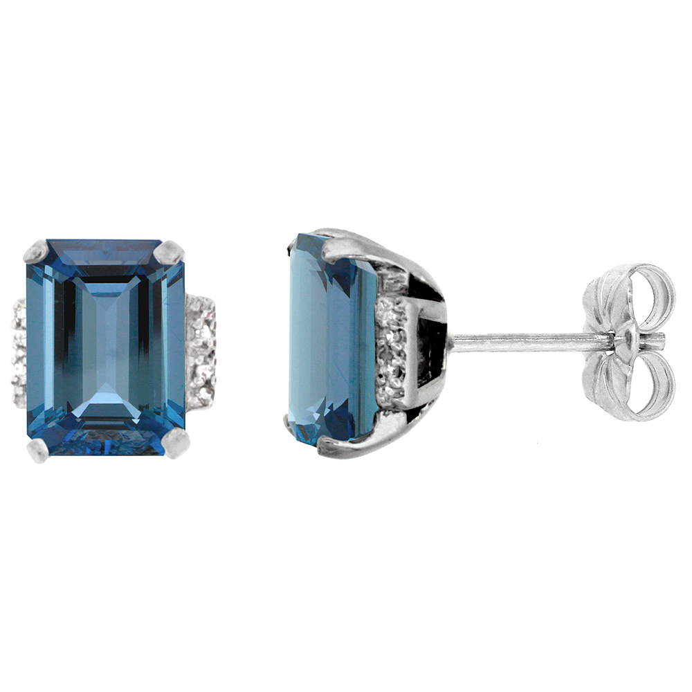 10K White Gold 0.02 cttw Diamond Natural London Blue Topaz Earrings Octagon 8x6 mm