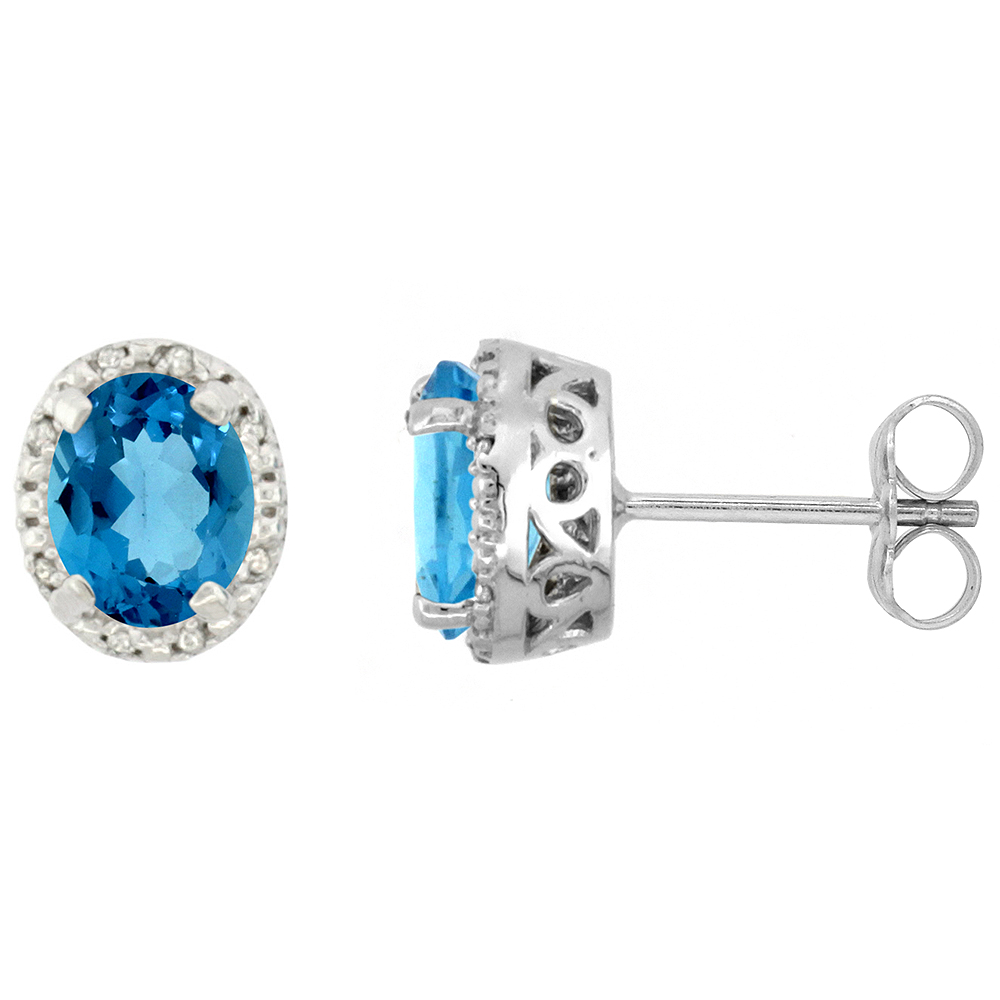 10K White Gold Diamond Halo Natural London Blue Topaz Stud Earrings Oval 7x5 mm