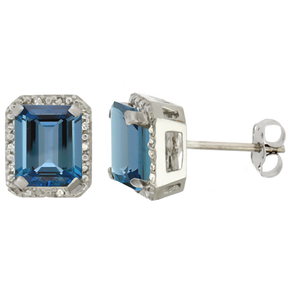 10K WHITE GOLD DIAMOND NATURAL LONDON BLUE TOPAZ EARRINGS OCTAGON 8X6 MM