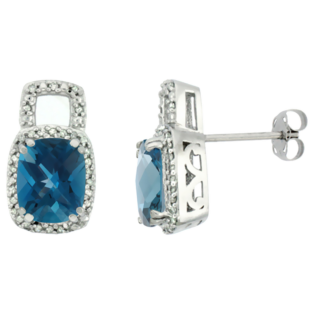 10K White Gold Diamond Natural London Blue Topaz Earrings Octagon Cushion 8x6 mm