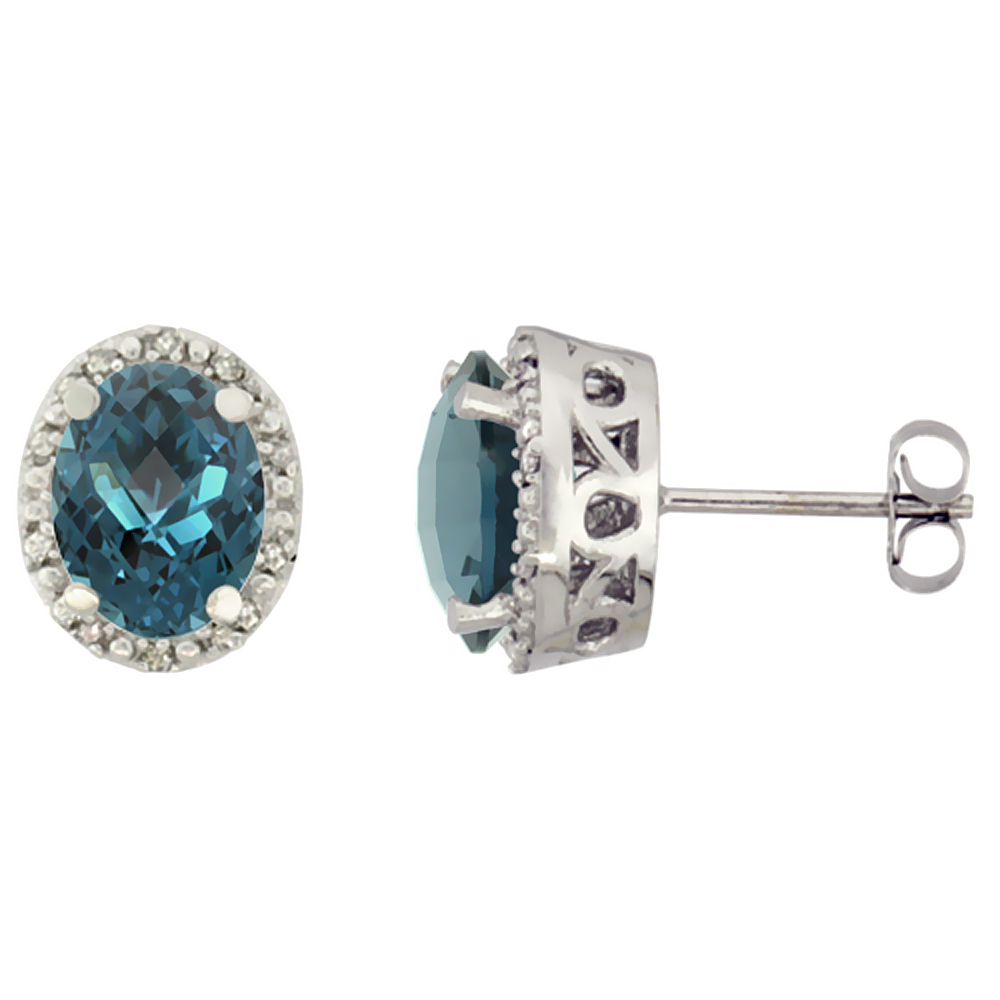 10K WHITE GOLD GENUINE LONDON BLUE TOPAZ STUD EARRINGS DIAMOND HALO OVAL 8X6 MM