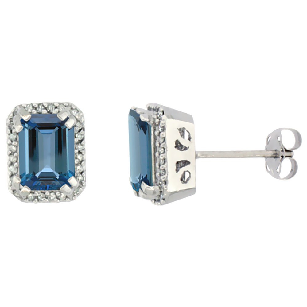 10K WHITE GOLD DIAMOND NATURAL LONDON BLUE TOPAZ EARRINGS OCTAGON 7X5 MM