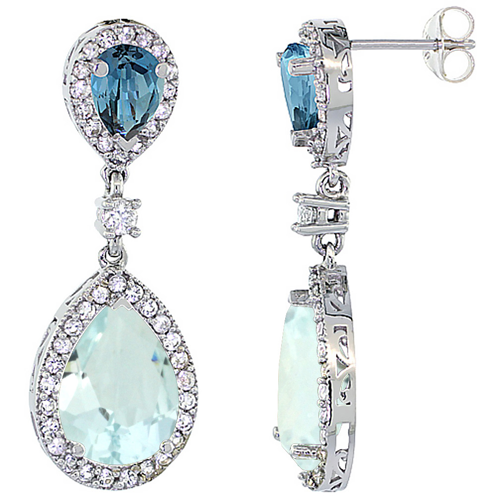 10K White Gold Natural Aquamarine & London Blue Topaz Teardrop Earrings White Sapphire & Diamond