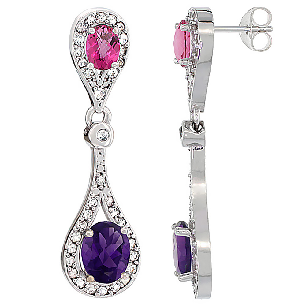 14K White Gold Natural Amethyst &amp; Pink Topaz Oval Dangling Earrings White Sapphire &amp; Diamond Accents, 1 3/8 inches long