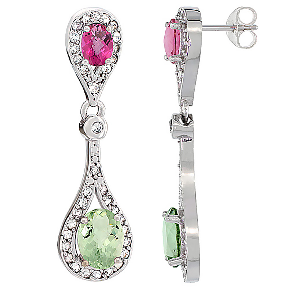 14K White Gold Natural Green Amethyst & Pink Topaz Oval Dangling Earrings White Sapphire & Diamond Accents, 1 3/8 inches long