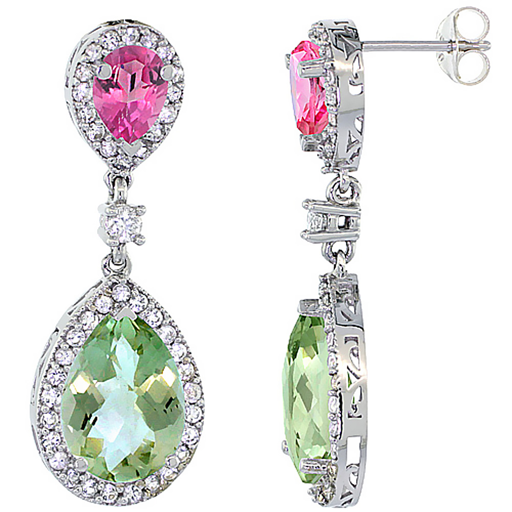 14K White Gold Natural Green Amethyst &amp; Pink Topaz Teardrop Earrings White Sapphire &amp; Diamond