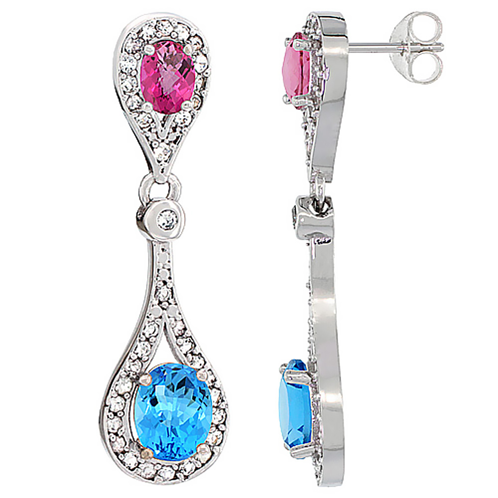14K WHITE GOLD NATURAL SWISS BLUE TOPAZ & PINK TOPAZ OVAL DANGLING EARRINGS WHITE SAPPHIRE & DIAMOND ACCENTS, 1 3/8 INCHES LONG