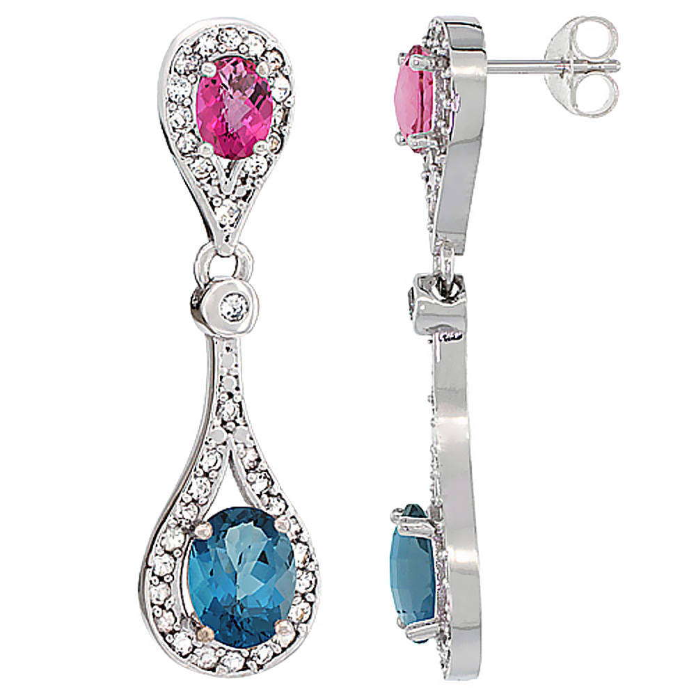 14K WHITE GOLD NATURAL LONDON BLUE TOPAZ & PINK TOPAZ OVAL DANGLING EARRINGS WHITE SAPPHIRE & DIAMOND ACCENTS, 1 3/8 INCHES LONG