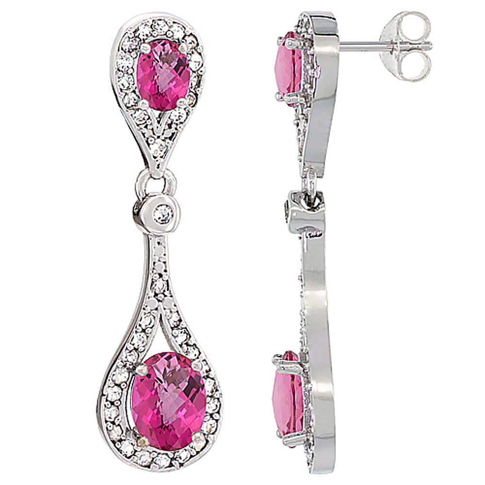 14K WHITE GOLD NATURAL PINK TOPAZ OVAL DANGLING EARRINGS WHITE SAPPHIRE & DIAMOND ACCENTS, 1 3/8 INCHES LONG